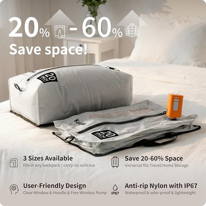 Vacuum Seal Bags for Travel with Pump, Light Grey, 20+20+28 | Reusable Nylon, Compression Packing Cubes, Space Saving for Carry-On Checked Suitcase & Backpack, Odor & Waterproof, 3 Pcs - Image 9