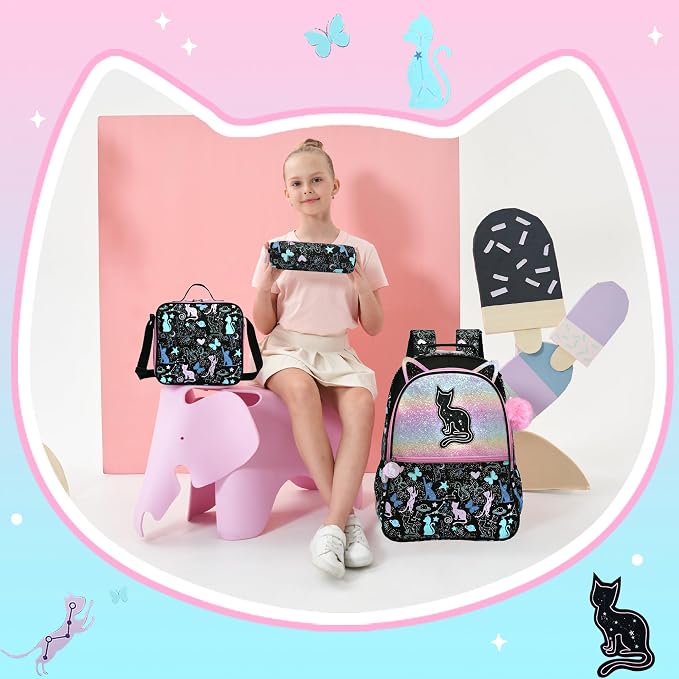 Cute Cat School Backpacks for Girls Backpacks for School Black Bookbag with Lunch Box for Elementary Students Ages 6-8 Years Old - Image 6