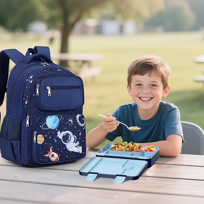 Bevalsa Kids Backpack for Boys with Bento Lunch Box, Insulated Bag & Utensils, 43oz Lunch Containers with 6 Compartment, School Bags for Elementary Middle School Student (Space) - Image 8