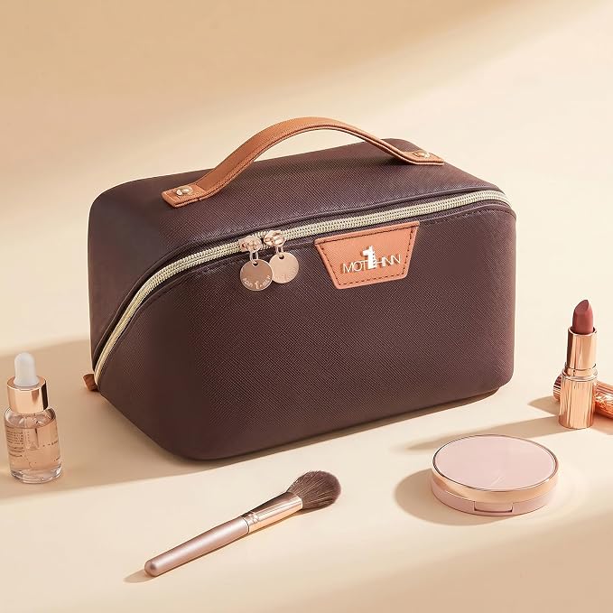 Travel Makeup Bag for Women: 3-in-1 Large Capacity Cosmetics Organizer with 2 Detachable Pouch - Vegan Leather Flat Open Toiletry Bag - Travel Essentials for Full-Sized Bottles(Coffee) - Image 9