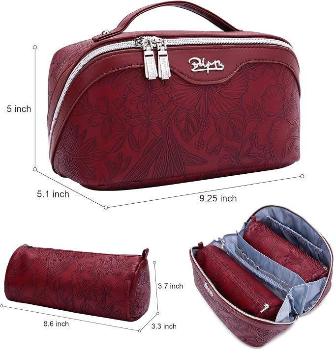 BOYATU Travel Makeup Bags Cosmetic Organizer Bag: 3-Set Large Capacity Make up Bag - PU Leather Toiletry Bags for Women - Wide Open Portable Pouch with Divider & Handle (02-Dark Red) - Image 6
