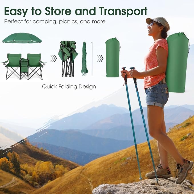 Goplus Double Camping Chair with Umbrella, Folding Loveseat Chairs w/Canopy Shade, Carrying Bag, Table, Cup Holder, Portable Beach Chairs Outdoor Picnic Patio (Green) - Image 8