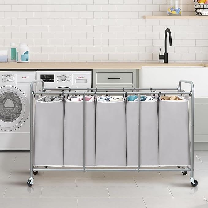 STORAGE MANIAC 5 Section Laundry Sorter, 5 Bins Rolling Separator Laundry Basket, Dirty Clothes Hamper Divider with Heavy Duty Lockable Wheels, Large Clothes Organizer Cart, Gray - Image 7