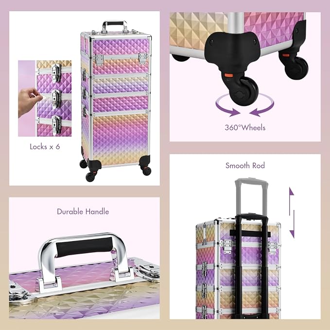 Yueieoun Makeup Case on Wheels, Rolling Train Case, 4-in-1 Makeup Trolley, Cosmetic Cases Makeup Travel Cart with Key for MUA, Hairstylists, Nail Tech, Gradient Purpple - Image 7