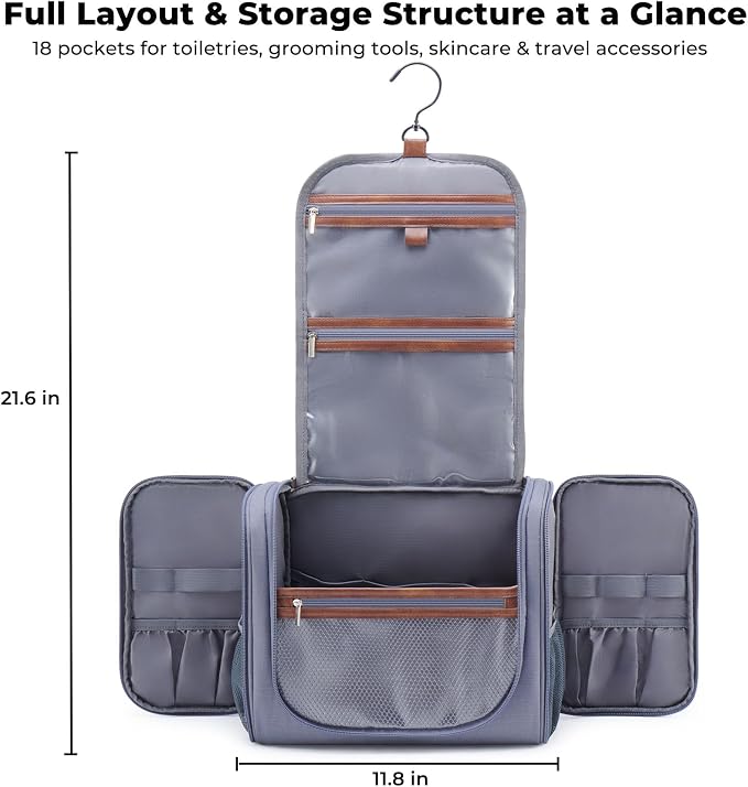 Ralnitote Large Hanging Toiletry Bag for Men, Travel Bathroom Bag with Hook, Hygiene Bag Organizer for Shower, Shaving & Grooming Essentials, Gray - Image 7
