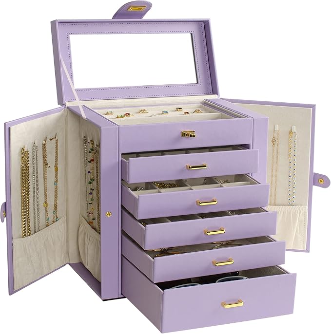 AKOZLIN 6-Tier Jewelry Box Organizer Functional 5 Drawers Leather Jewelry Storage Case for Women Girls Ring Necklace Earring Bracelet Holder Organizer with Mirror Violet Large - Image 8