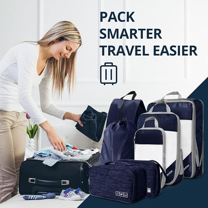 NICOSHOW 7 Set Compression Packing Cubes for Travel - Compressible, Lightweight, and Space-Saving Packing Cubes, Travel Essentials for Women, Navy - Image 7