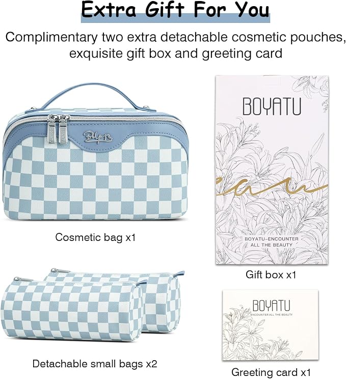 BOYATU Travel Makeup Bag Organizer Cosmetic Bag: 3 Pcs Set Make up Bags for Women with Handle - Waterproof Vegan Leather Toiletry Bag (01-G-Blue) - Image 8