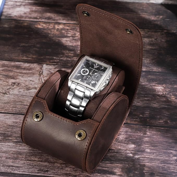 Leather Single Watch Case,Genuine Leather Vintage Watch Roll Travel Case for Storage Organizer Display (1 Slot) - Image 7