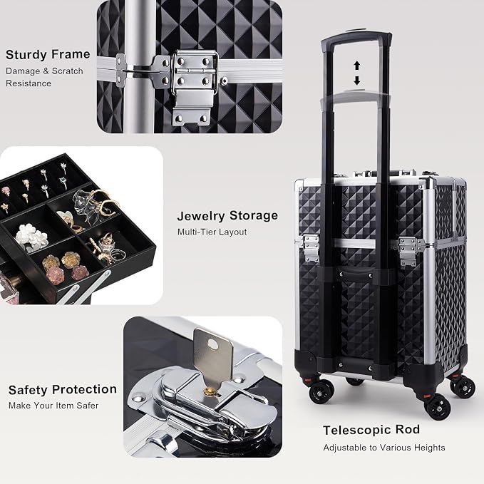 Stagiant Rolling Makeup Train Case Large Storage Cosmetic Trolley 4 Tray with Sliding Rail Removable Middle Layer with Key Swivel Wheels Salon Barber Case Traveling Cart Trunk - Image 8