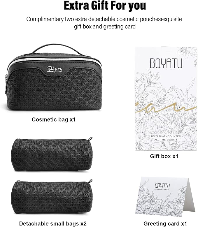 BOYATU Travel Makeup Bag Cosmetic Bags for Women: Large Capacity 3 Pcs Set Make up Bag with Compartments - Waterproof Vegan Leather Toiletry Organizer Bags with Handle (M-71Black) - Image 6