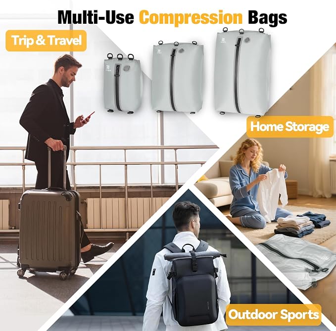 3 Pack Vacuum Bags for Travel with Pump, 3-Size Set Reusable Vacuum Compression Bags for Luggage, Space Saver IP67 Waterproof Vacuum Packing Cubes for Suitcase&Backpack, Grey white - Image 9