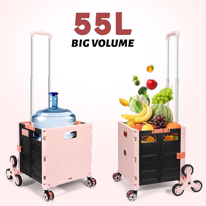 FELICON SELORSS Folding Utility Climber Cart Portable Rolling Crate-Pink | Stair Climbing Wheels+360°Swivel Wheels,Telescoping Handle,Plastic Box Dolly for Travel Shop Move Laundry Office Teacher Use - Image 7