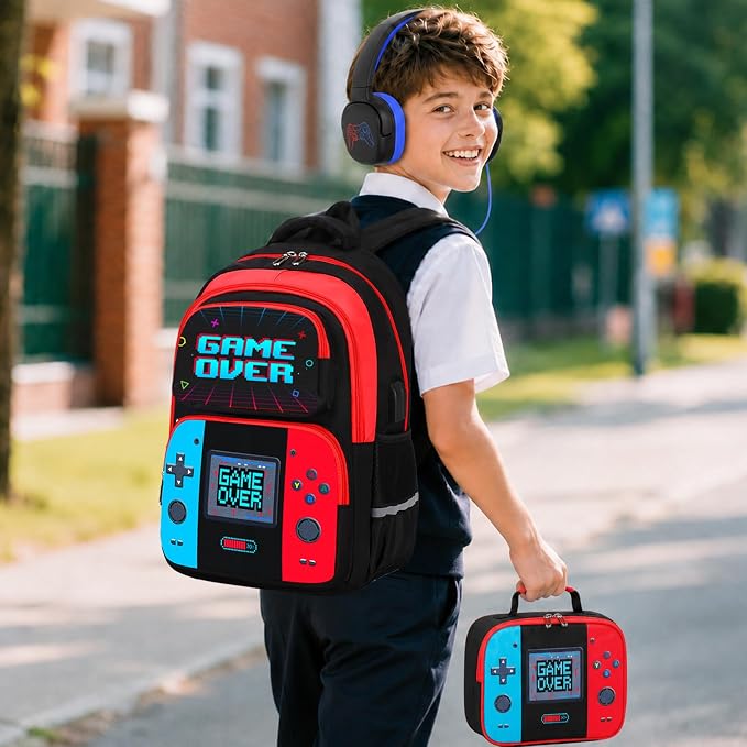 Bevalsa Backpack for Boys, School Bags for Kids with 3.5mm Jack Wired Headphones, Lunch Box & Pencil Case, Gamer Backpack for Kids Children Teens for Elementary Middle School Student (Red Blue) - Image 8