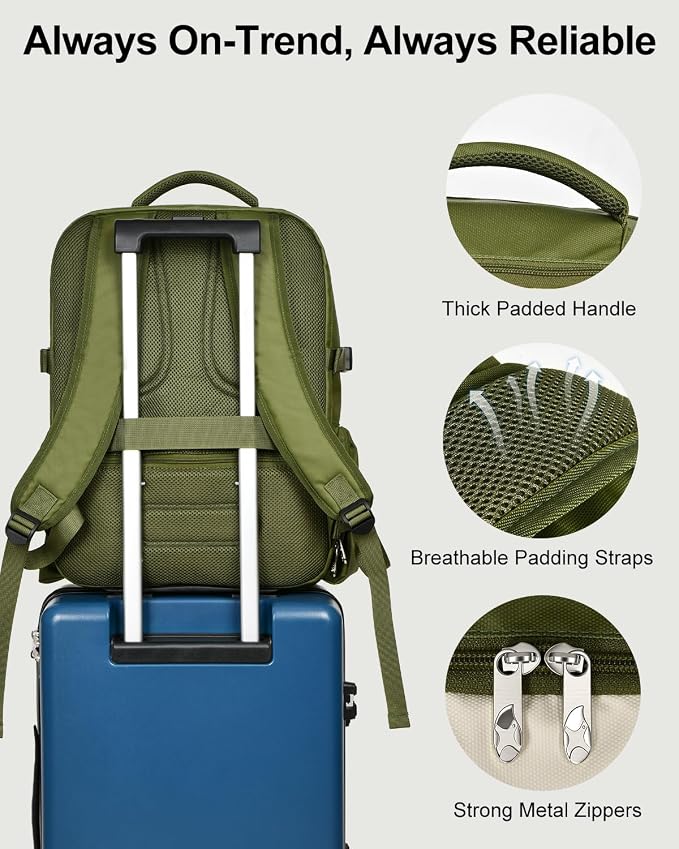 Travel Backpack for Women & Men, Carry On Backpack for Airplanes, Large Waterproof Laptop Backpack for Travel, Overnight, College & Commuting Green-Beige - Image 9