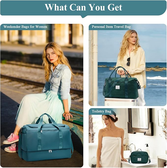 Extra Large Travel Duffle Bag,Carry on Overnight Bag with Shoes Compartment,Weekender Bags for Women for Travel Business Trips Sport Hospital,3 Pcs Set,Peacock Blue - Image 9