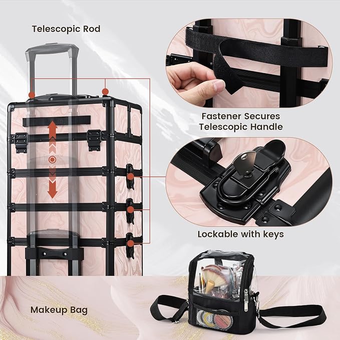 Stagiant Rolling Makeup Case 4 in 1 Cosmetology Case on Wheels Makeup Travel Case with Cosmetic Bag Key Swivel Wheels Salon Barber Case Traveling Cart Trunk Cosmetic Trolley Alpine Pink - Image 8
