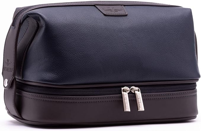 Vetell Leo Large Leather Men's Travel Toiletry and Shaving Case Bag with Upper and Lower Zippered Compartments, 3 Interior Loops and Carrying Handles - Image 11