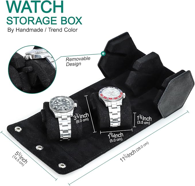 Hiram Genuine Leather Saffiano Watch Roll Travel Case, Leather 2-Watches Roll Case for Treasured Watches and Bracelets(Black) - Image 7