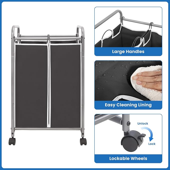 STORAGE MANIAC Laundry Sorter 2 Section, 90L (23.7Gal) Laundry Hamper with Wheels, Clothes Basket Separator Sorter, 2 Bag Cart and Removable Bags for Closet, Dorm, Collage, Black - Image 6