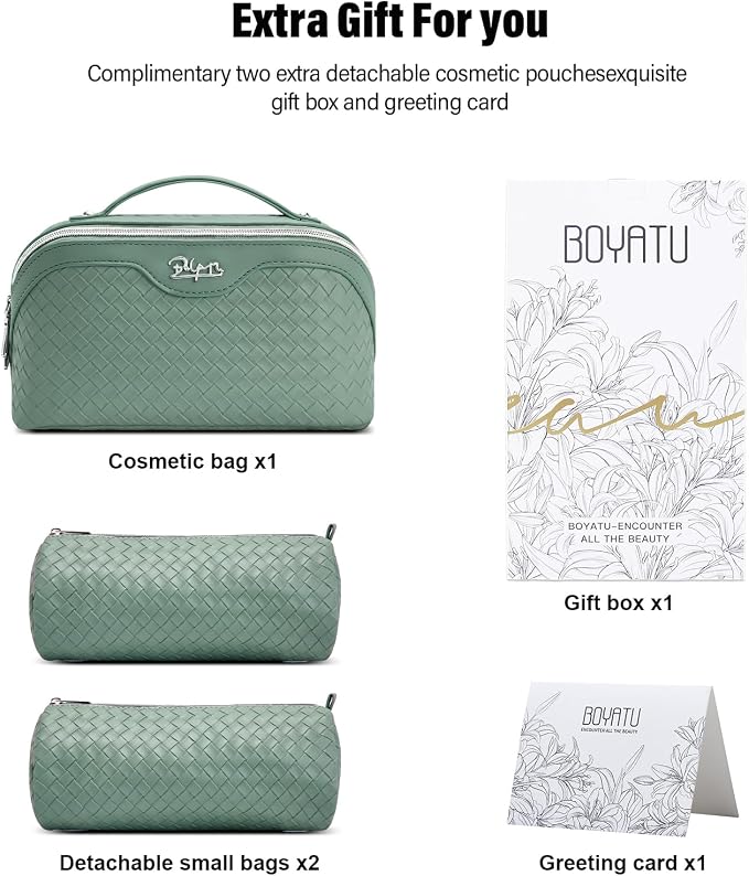 BOYATU Travel Makeup Bag Cosmetic Bags for Women: Large Capacity 3 Pcs Set Make up Bag with Compartments - Waterproof Vegan Leather Toiletry Organizer Bags with Handle (L10 Grass Green) - Image 6