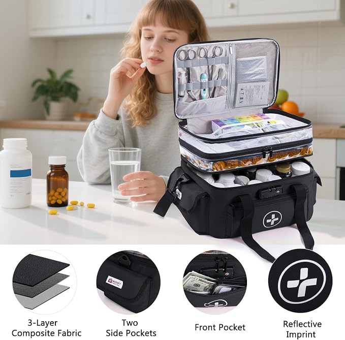BAGSFY 3-Tier Medicine Organizer with Combination Lock – Large Medicine Bag, Empty First Aid Kit Case, Pill Bottle Medical Supply Organizer, Travel Prescription Bag, Medication Storage Container - Image 6