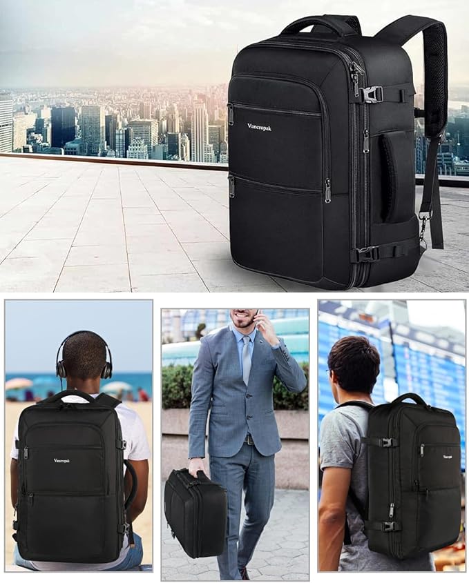 Vancropak Carry on Backpack for Airplanes, 45L Expandable Travel Backpack | Flight-approved Luggage Suitcase Daypack, Water-resistant, Lightweight Business Overnight Weekender Bag for Men Women, Black - Image 9