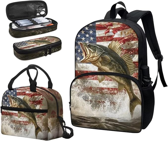 3 Pack American Flag Fish Print Backpack School Bag with Lunch Box Pencil Case Set Casual School Bags Rucksack for Elementary/Primary/Middle - Image 6