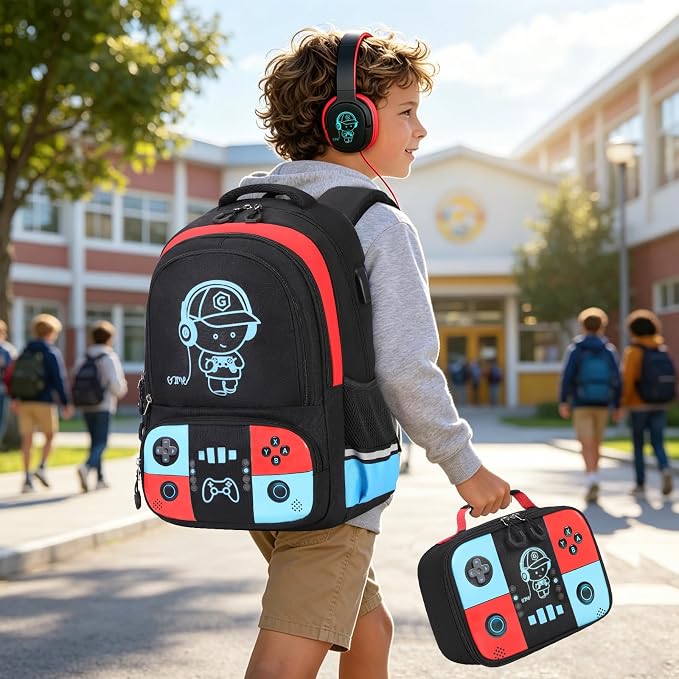 Bevalsa Backpack for School Boys,Cool Luminous Gamer Boys Backpacks with Wired Headphones Lunch Box Pencil Case,Kids Schoolbag for Kindergarten Elementary School(Red Blue Backpack with Headphones) - Image 9