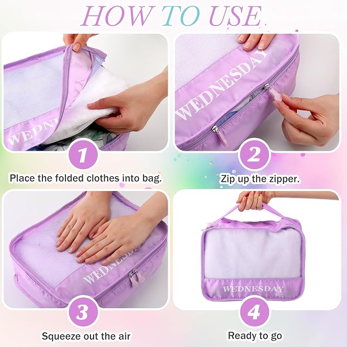 Days of Week Packing Cubes Summer Camp Essentials Weekly Organizer Storage Bag School Clothes for Travel Kids Family(12x9x5inch,Macaron,15) - Image 6