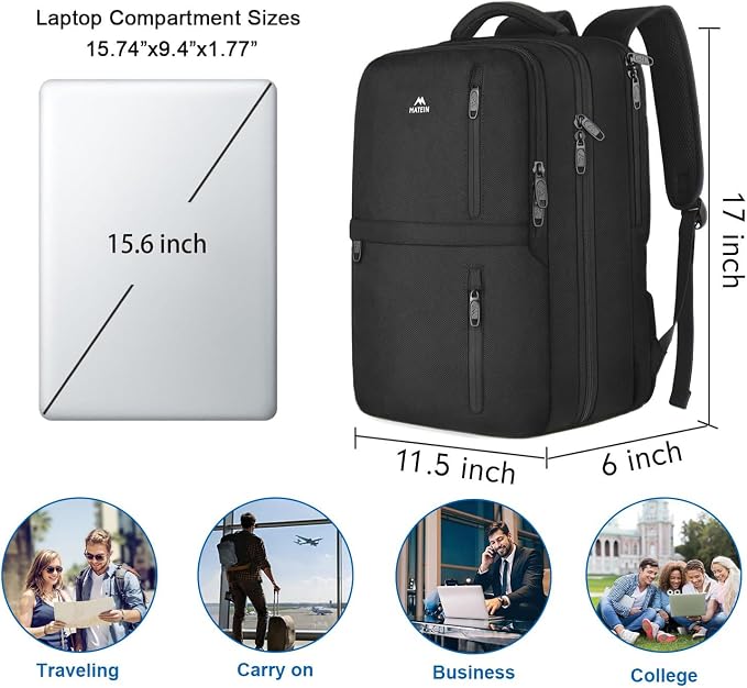MATEIN Travel Laptop Backpack, Flight Approved Carry on Backpack, Black | Shoe Compartment, Large Personal Item Bag, Fits 15.6 Inch Laptop, Water Resistant, Overnight Luggage Bag, Weekender Bag - Image 9