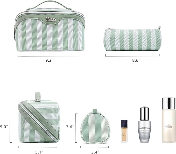 BOYATU Travel Makeup Bag Cosmetic Bag for Women: 3 Pcs Set Striped Make up Bag with Compartments - Waterproof Vegan Leather Toiletry Bag with Handle - Makeup Organizer for Travel Essentials(A-2-Green) - Image 9