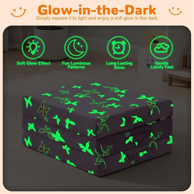 MeMoreCool Glow Butterfly Kids Foldable Floor Mattress, 57x22 Inch Purple | Glow butterfly foldable mattress for girls room, playroom and reading nook - Image 7