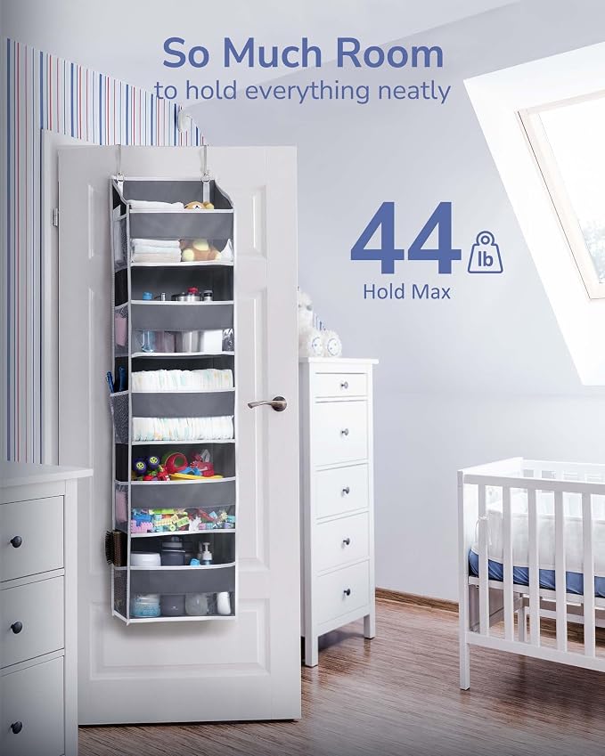 ULG 1 Pack Over Door Organizer with 5 Large and 10 Mesh Side Pockets, 44 lbs Weight Capacity Hanging Storage with Clear Window Kids Toys, Shoes, Diapers, Dark Grey, 5 Layers - Image 6