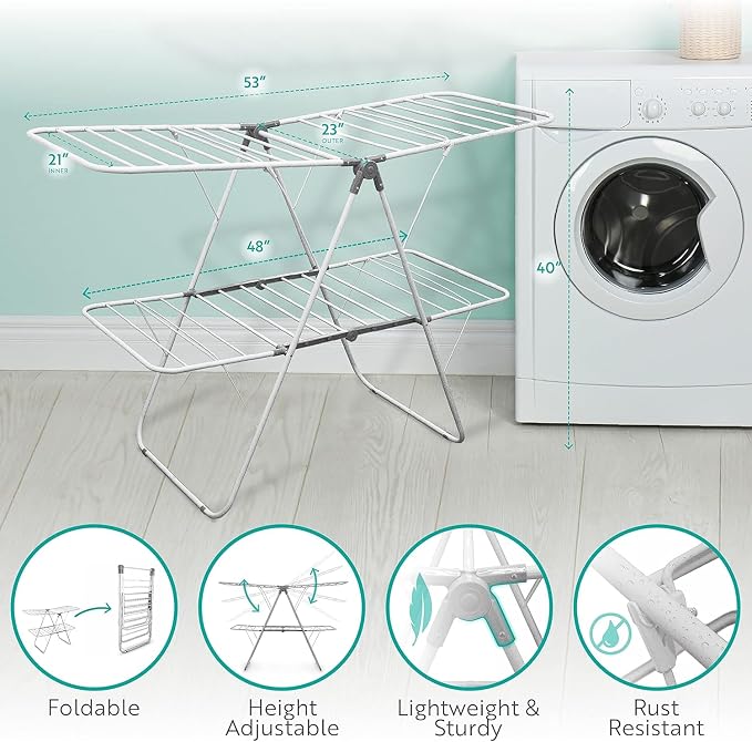Brookstone 2 Tier Folding Rack - Indoor/Outdoor Collapsible Clothes Dryer Stand Laundry or Shoe Rack, Heavy Duty Freestanding Garment Hanger, Foldable, Clothing Drying Rack, White - Image 5