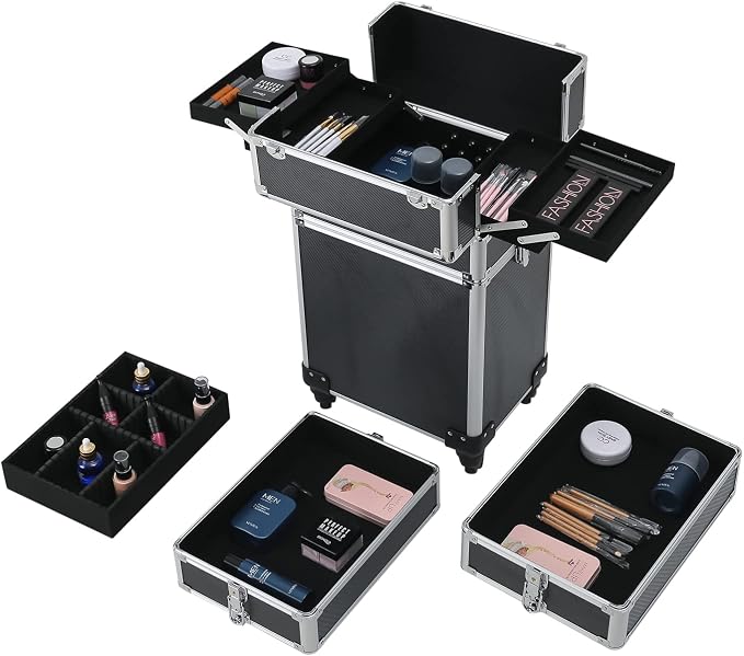 Karl home 4 in 1 Makeup Train Case Rolling Cosmetic Trolley Large Capacity Travel Organizer with Key 360°Swivel Wheels Suitcase for Beauticians Hairstylists Nail Tech Students, Black - Image 9