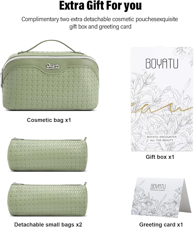 BOYATU Travel Makeup Bag Cosmetic Bags for Women: Large Capacity 3 Pcs Set Make up Bag with Compartments - Waterproof Vegan Leather Toiletry Organizer Bags with Handle (L51Grass Green) - Image 6