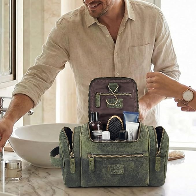 LEATHER VILLAGE Genuine Leather Travel Dopp Kit for Men & Women – Water-Resistant Large-Capacity Hanging Toiletry Bag for Travel, Grooming, Bathroom Organization, Shaving Essentials & Gym Use - Olive - Image 8