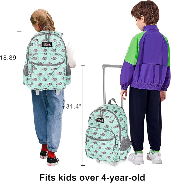 Tilami Rolling Backpack 18 inch Double Handle with Lunch Bag Wheeled Kids Backpack for Girls and Boys, Hedgehog Green - Image 8