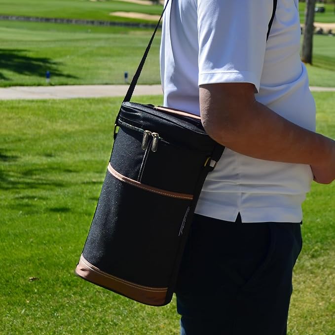 Picnic at Ascot - Insulated 2 Bottle Travel Wine Tote with Corkscrew & Shoulder Strap -Black - Image 3