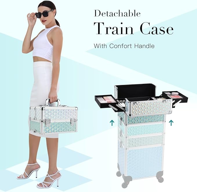 Professional Rolling Makeup Train Case 4 in 1 Aluminum Trolley Case with 360° Rotation Wheels for Makuep Artist Cosmetic Suitcase Organizer with Lock and Key Diamond Pattern - Turquoise - Image 7