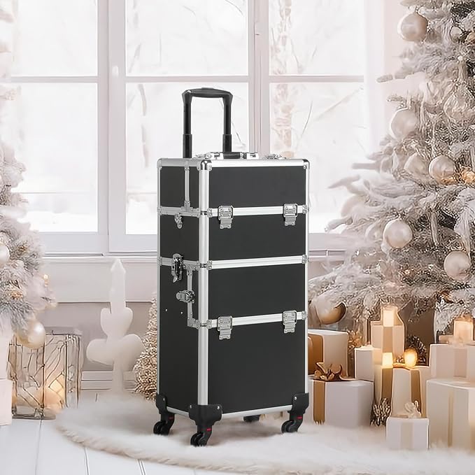 Yaheetech Rolling Makeup Train Case, Cosmetology Nail Organizer, Black | Aluminum frame and PVC shell hold a full 66 lb kit; movable dividers organize every tool, and it splits to travel on wheels - Image 9