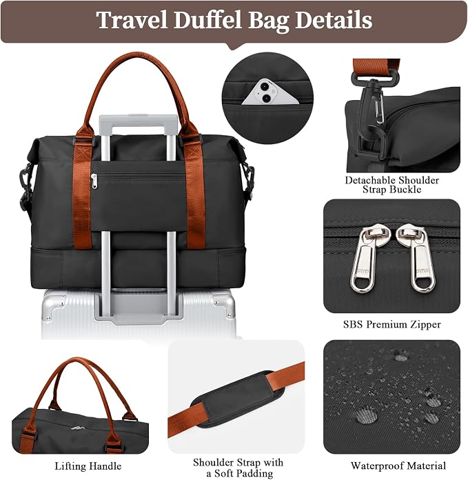 Weekender Bags for Women,Personal Item Travel Bag with Shoes Compartment | Overnight Travel Duffel Bag with Grid Toiletry Bag,Carry-On Bag - Image 7