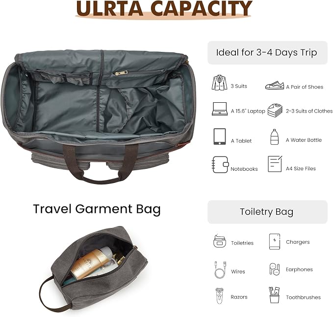 Garment Bag for Travel, S-ZONE Duffle Bag for Men Travel Convertible Suit Bags Carry on Luggage Women Hanging Suitcase Travel Bag with Toiletry Bag | Soft Canvas, Black, Carry-on size, with Toiletry Bag, Adjustable Shoulder Strap, Trolley Sleeve, Shoe ... - Image 7
