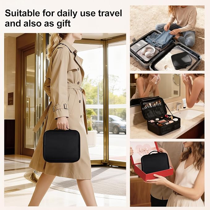 Greenfeather Travel Makeup Bag, Professional Cosmetic Train Case Organizer for Women, Portable Travel Cosmetic Brush Bag Holder Makeup Artist Storage Box with Adjustable Dividers, Black - Image 6