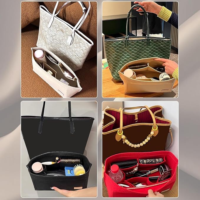 Purse Organizer Insert Compatible with Neverfull GM and More, Felt Zipper Bag Insert Liner with Base Shaper for Women Tote Handbags, Beige, XL - Image 7