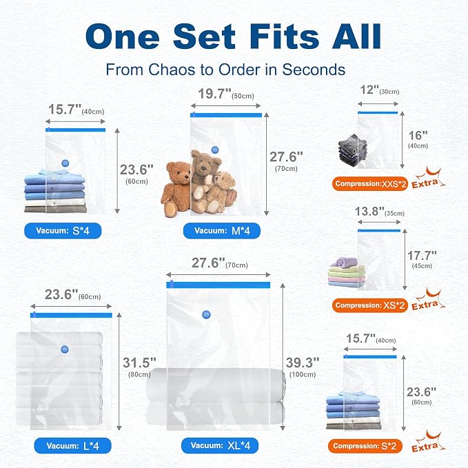 HOUSE DAY 22 Pack Vacuum Storage Bags with Pump,Space Saving Vacuum Seal Bags For Clothing Travel,4 Jumbo/4 Large/4 Medium/4 Small, 2S/2XS/2XXS Roll Up Bags, Hand Pump Included, Sealer Clothes Storage - Image 9