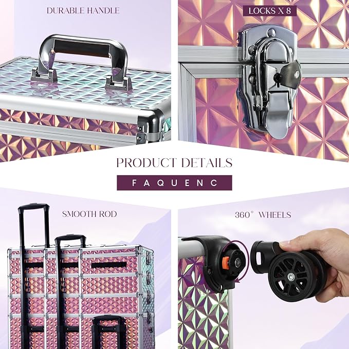 Yueieoun 5 in 1 Rolling Makeup Case, Cosmetology Case on Wheels Travel Make up Train Case Nail Cart Makeup Organizer Cosmetic Storage Box Cases Extra Large Trolley Truck with 360° Swivel Wheels, Pink - Image 8