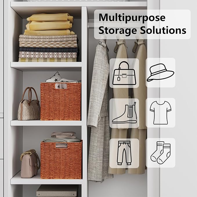 Vagusicc Wicker Storage Basket, Set of 2 Hand-Woven Paper Rope Wicker Basket, Foldable Cube Storage Bins, Square Large Storage Baskets for Organizing Shelves & Decor, Orange (13″×13″×13″) - Image 9