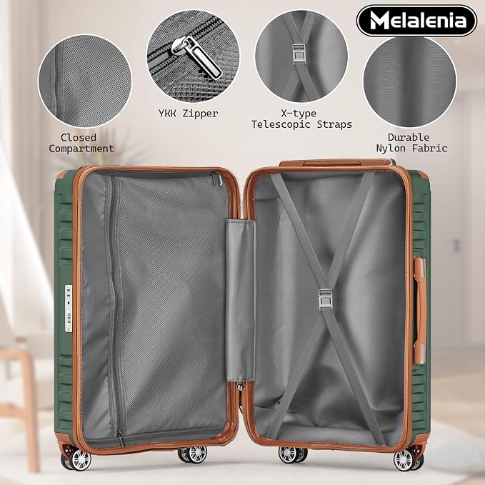 Melalenia Luggage Sets 4 Piece Hard Shell Carry on Suitcase with Spinner Wheels and TSA Lock, Lightweight Travel Duffel Bag for Women, Men, Green Brown - Image 6